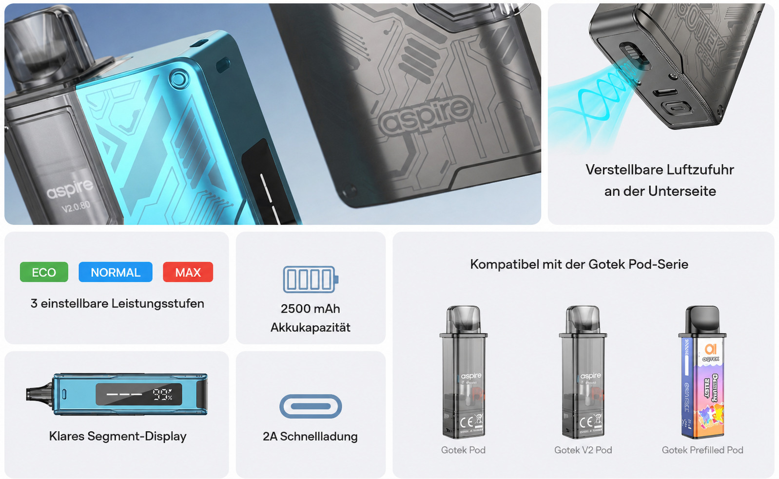 Aspire Gotek Pro 2 Pod Kit mit 4,5-ml-Pod und einstellbaren Leistungsstufen
